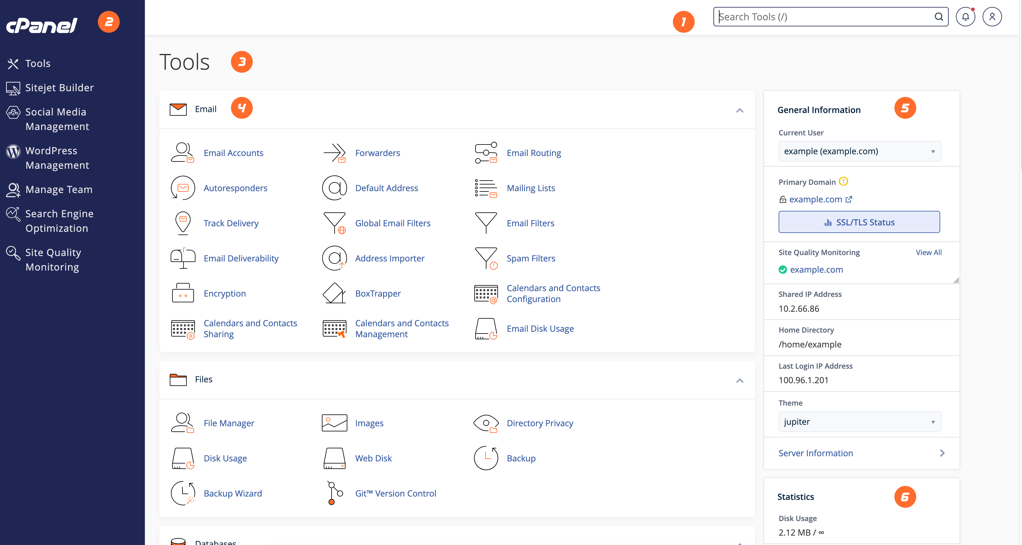 cPanel Jupiter arayüzü: e-posta, dosya yönetimi ve hesap bilgileri